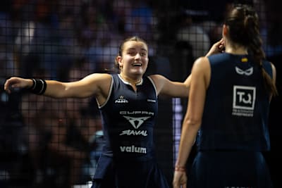 Martina Calvo and Claudia Fernandez celebrate after winning the 2026 London Premier Padel P1 final match at the Olympia in London.