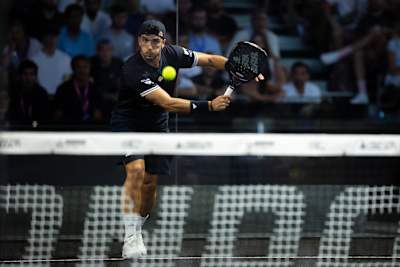 Alejandro Galán in action during the 2026 London Premier Padel P1 final match held at the Kensington Olympia in London, UK.