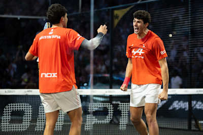 Agustin Tapia and Arturo Coello celebrate after winning the 2026 London Premier Padel P1 final match held at the Olympia in London, UK.