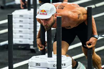 Alexander Rončević tackles a weighted sled push at the 2026 Hyrox World Championship in Stockholm, Sweden. 