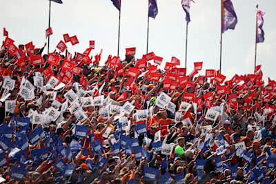 Fans of Max Verstappen of the Netherlands and Oracle Red Bull Racing show their support prior to the F1 Grand Prix of Netherlands at Circuit Zandvoort on August 25, 2024 in Zandvoort, Netherlands.
