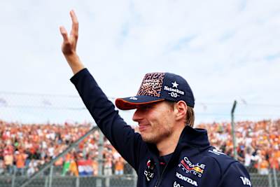 Max Verstappen of the Netherlands and Oracle Red Bull Racing waves on the drivers parade prior to the F1 Grand Prix of Netherlands at Circuit Zandvoort on August 31, 2025 in Zandvoort, Netherlands.