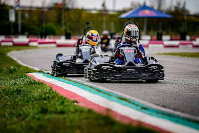 Yuki Tsunoda and Takaaki Nakagami perform at the karting track San Mauro a Mare, Italy on September 16, 2021.
