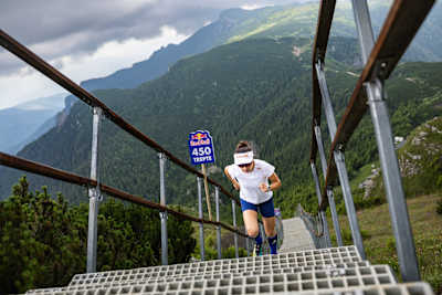 Denisa Dragomir climbs the steps to Toaca Peak in Romania’s Ceahlău Massif, surrounded by spectacular mountain scenery on August 25, 2026.