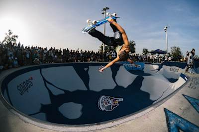 Yurin Fuiji performs a spectacular McTwist above the bowl at Red Bull Bowl Rippers in Marseille, France, on 3 September 2023, thrilling the watching crowd.