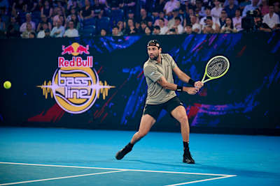 Matteo Berrettini unleashes a powerful forehand during Red Bull Bassline in Melbourne, Australia, on 7 January 2025.