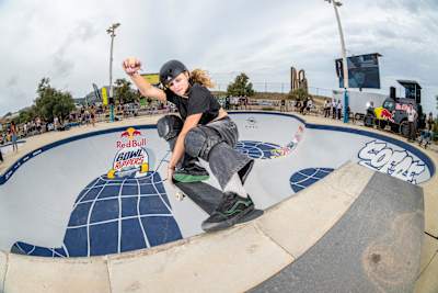 Louise-Aïna Taboulet launches a powerful skateboarding move at Red Bull Bowl Rippers in Marseille, France, on 28 August 2026