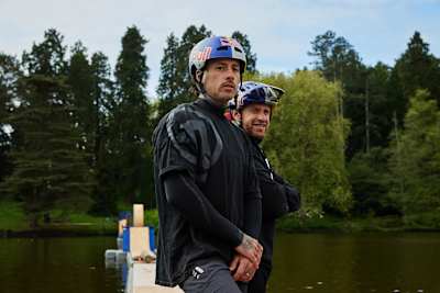 Kriss Kyle and Danny MacAskill survey the craziest bike obstacle course project at Eastnor Castle, United Kingdom in May 2026.