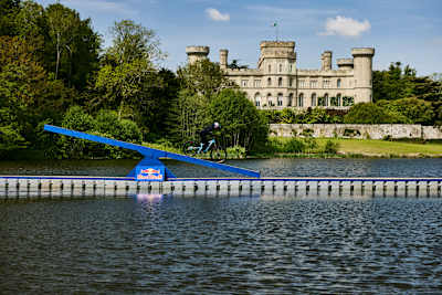 Danny MacAskill rides over a giant see-saw in the craziest bike obstacle course at Eastnor Castle, United Kingdom in May 2026.