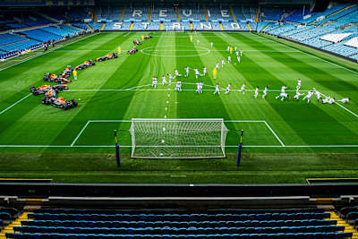 At Elland Road Stadium in Leeds on 7 May 2025, Leeds United Football Club players compete alongside Oracle Red Bull Racing 