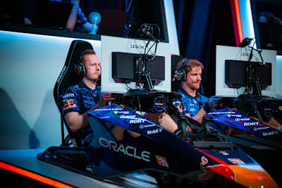 The Oracle Red Bull Sim Racing team in action and celebrating retaining the Constructors' title for 2026.