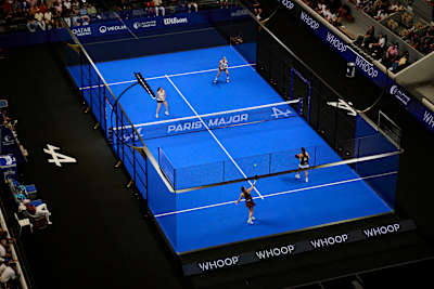 Stadium overview during the Premier Padel Major Paris finals in Paris, France, on 13 September 2026, showing women’s doubles action on the blue court before a packed crowd