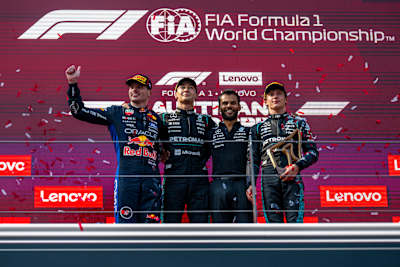 Max Verstappen, George Russell and Kimi Antonelli seen during the FIA Formula One World Championship at the Red Bull Ring in Spielberg, Austria on June 28, 2026.