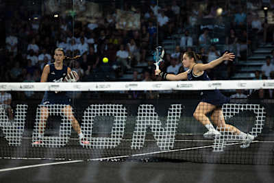 Claudia Fernandez and Martina Calvo in action during the 2026 London Premier Padel P1 final match held at the Olympia in August 2026.