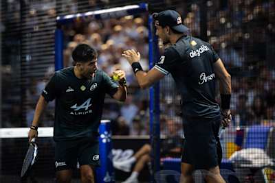 Federico Chingotto and Alejandro Galán react during the 2026 London Premier Padel P1 final match held at the Olympia in London.