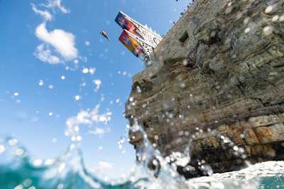 Yolotl Martinez of Mexico launches from the 27-metre platform at the Red Bull Cliff Diving World Series in Polignano a Mare, Italy, on 26 September 2026