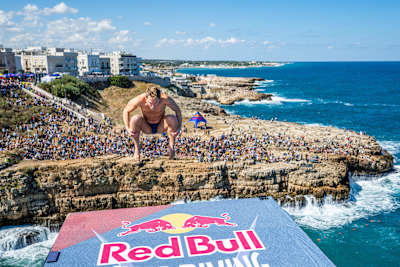 On 27 September 2026, USA’s James Lichtenstein dives from the 27-metre platform at the Red Bull Cliff Diving World Series final in Polignano a Mare, Italy