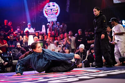 B-Girl Jazzy competes against B-Girl JIN during the Last Chance Cypher at the Red Bull BC One Camp, prior to the World Final, at Spotify O-EAST, Tokyo, Japan on November 7, 2025.   