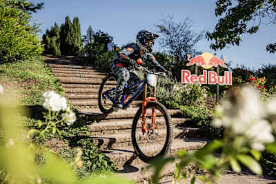 Paz Gallo rides down a staircase at Red Bull Stuttgart Cerro Abajo in Stuttgart, Germany in September 2026