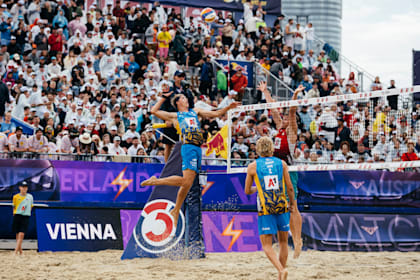 David Åhman och Jonatan Hellvig tävlar i A1 CEV BeachVolley Nations Cup 2023 i Wien, Österrike, den 4 augusti 2023.