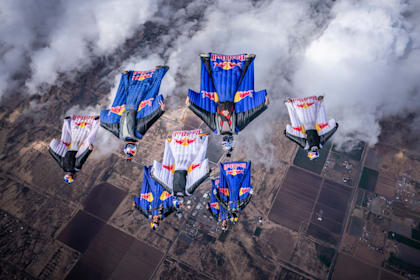 Red Bull Airforce and Red Bull Skydive fly over the skies of Arizona (USA).