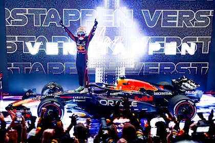 Max Verstappen celebrates on arrival in parc ferme during the F1 Grand Prix of Qatar at Lusail International Circuit on November 30, 2025 in Lusail City, Qatar. 