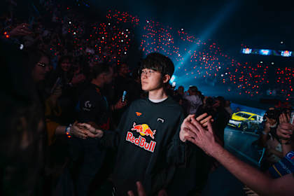 Faker of T1 greets fans during the walk-in at Red Bull League of Its Own 2024 in Paris.