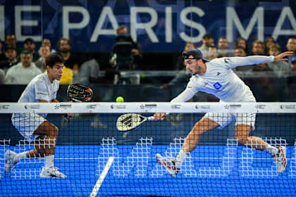 Federico Chingotto of Argentina and Alejandro Galan of Spain in action during the Alpine Paris Major Premier Padel final match held at the Roland Garros Stadium in Paris, France on September 14, 2025.