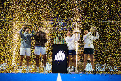 Agustin Tapia, Arturo Coello, Ariana Sanchez Fallada and Andrea Ustero Prieto celebrate with winner trophies at the Premier Padel P1 Milano ceremony in Milano, Italy. 