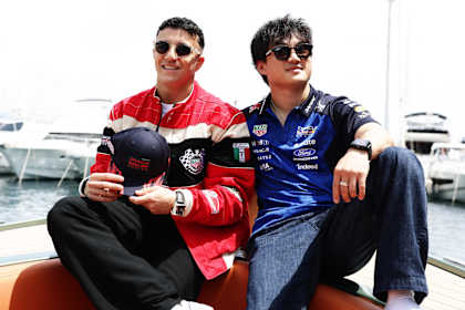 Isack Hadjar with Yuki Tsunoda  in the Paddock during previews ahead of the F1 Grand Prix of Monaco at Circuit de Monaco on June 04, 2026 in Monte-Carlo, Monaco.