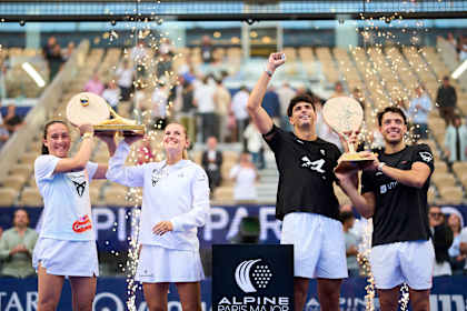 Andrea Ustero Prieto, Ariana Sanchez Fallada, Arturo Coello and Agustin Tapia celebrate their victories with trophies at the 2026 Premier Padel Major Paris ceremony in Paris, France.
