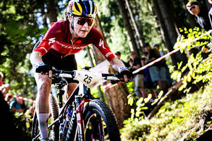 Laura Stigger tackles the mountain-bike course at Red Bull Dolomitenmann in Lienz, Austria.