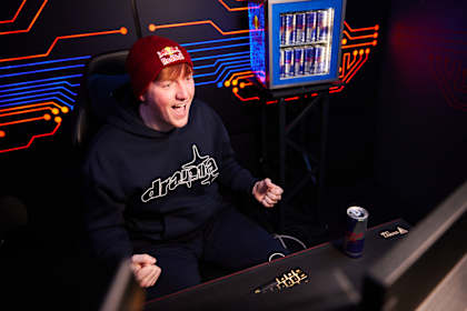 Morgan ‘Angry Ginge’ Burtwistle reacts during a Red Bull gaming stream at the studio in Milton Keynes in December 2024.