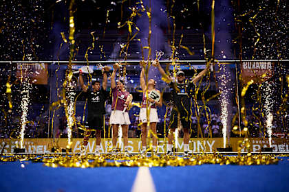 Federico Chingotto, Delfina Brea, Gemma Triay and Alejandro Galan pose with their winner trophies during the trophy ceremony of the Premier Padel P1 Madrid, Spain in September 2026.