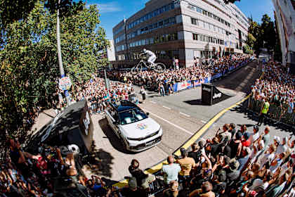 Alex Marin launches over the Red Bull Cerro Abajo course in Stuttgart, Germany, on 4 September 2026, thrilling a huge crowd during the urban downhill event