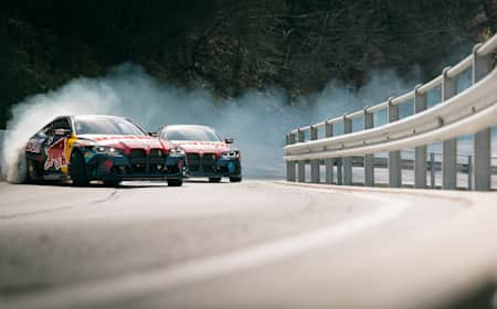 The Red Bull Drift Brothers perform in the Swiss Alps, Switzerland on April 12, 2022.