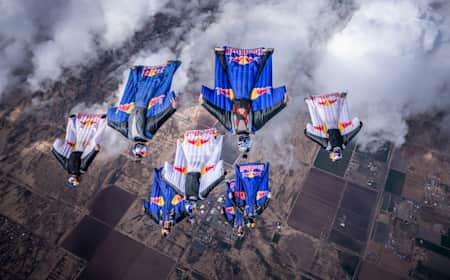 Red Bull Airforce and Red Bull Skydive fly over the skies of Arizona (USA).