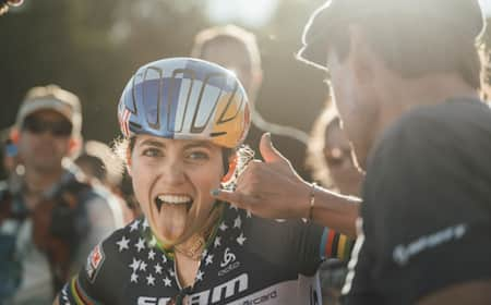 Kate Courtney as seen at the UCI XCC World Cup in Mont Sainte Anne, Canada on August 6, 2022.