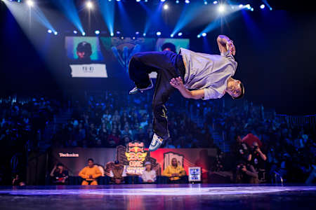 B-boy Victor from the USA competes at the Red Bull BC One World Final in Hammerstein Ballroom in New York, USA on November 12, 2022. 