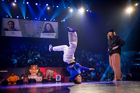 B-Ggirl 671 from China competes against B-Girl Alessandrina from Italy at the Red Bull BC One World Final in Hammerstein Ballroom in New York, USA on November 12, 2022