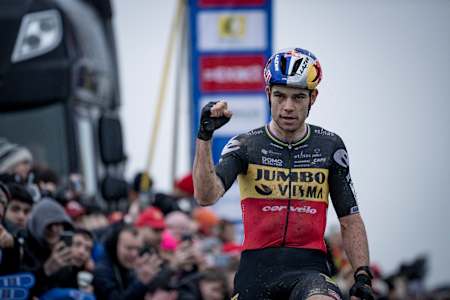 Wout van Aert celebrates winning the Duinencross Koksijde cyclocross race in Koksijde, Belgium on January 5, 2023.