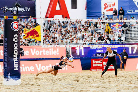 Anouk Vergé-Dépré and Joana Mäder competing at the A1 CEV BeachVolley Nations Cup 2023 in Vienna, Austria on August 5, 2023