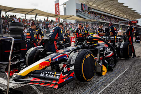 The car of Sergio Perez of Oracle Red Bull Racing is prepared on the grid ahead of the F1 Grand Prix of the United States at Circuit of The Americas on October 21, 2023 in Austin, Texas.