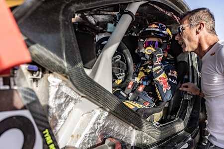Cristina Gutierrez and Sébastien Loeb are seen during the FIA W2RC Next Gen Tryouts after Rally Du Maroc 2023 in Merzouga, Morocco on October 18, 2023