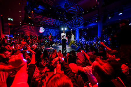 The audience is voting during the Red Bull Dance Your Style Pre-Finals at Union Halle in Frankfurt, Germany, on November 1, 2023.