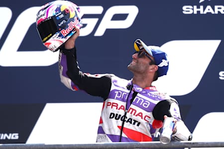 Johann Zarco on the podium at the French MotoGP in Le Mans, France.