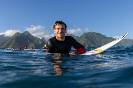 Jack Robinson sits in the line-up at Teahupo'o in Tahiti