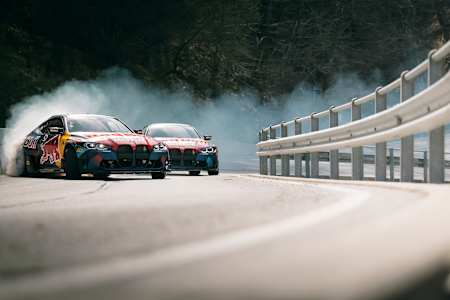 The Red Bull Drift Brothers perform in the Swiss Alps, Switzerland on April 12, 2022.