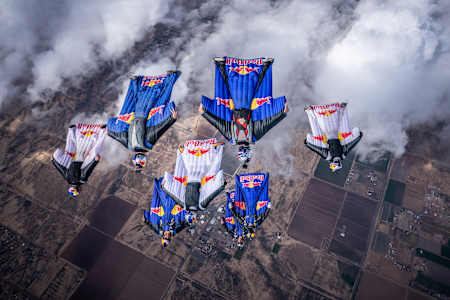 Red Bull Airforce and Red Bull Skydive fly over the skies of Arizona (USA).