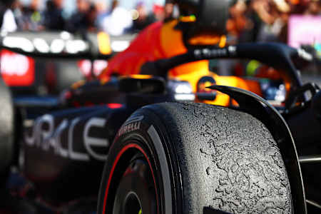 A detail view of the marbles on the front right tyre of Max Verstappen of Oracle Red Bull Racing during the F1 Grand Prix of France at Circuit Paul Ricard on July 24, 2022.